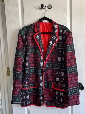 Holiday Time Black Blazer with Red Trim and Green Accents